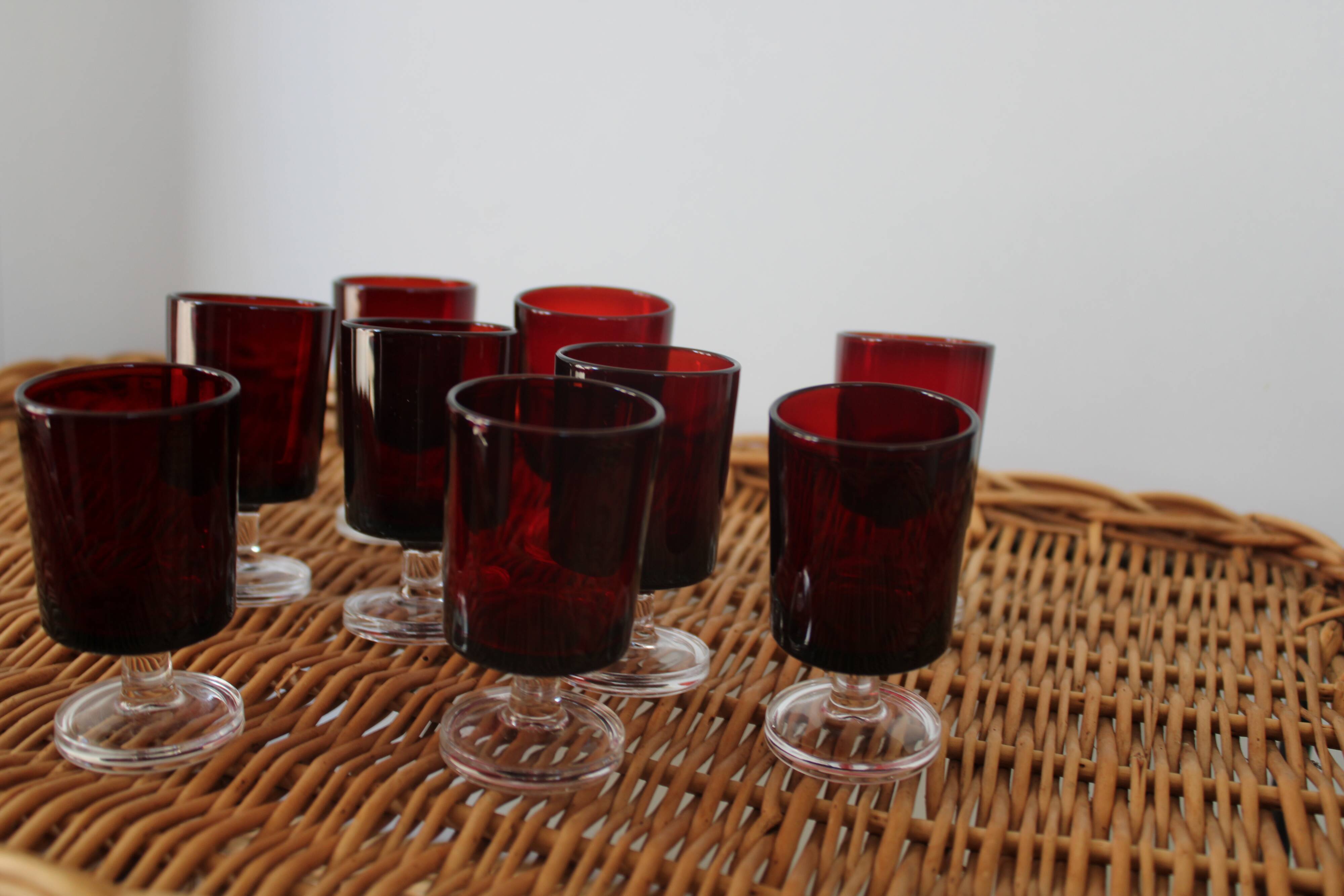 9 Luminarc red liquor glasses