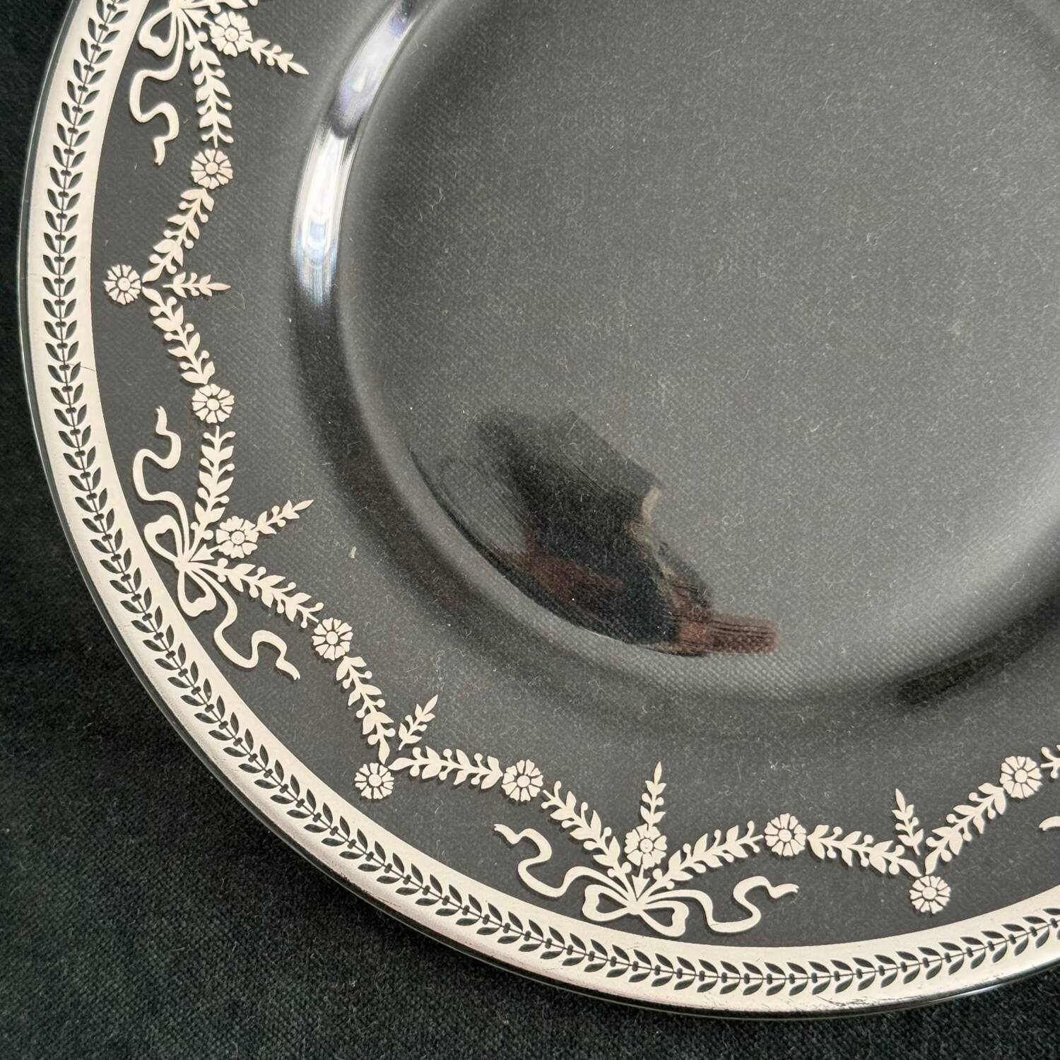 Vintage Glass Dessert Plate with Silver Ribbons/Bows and Garlands