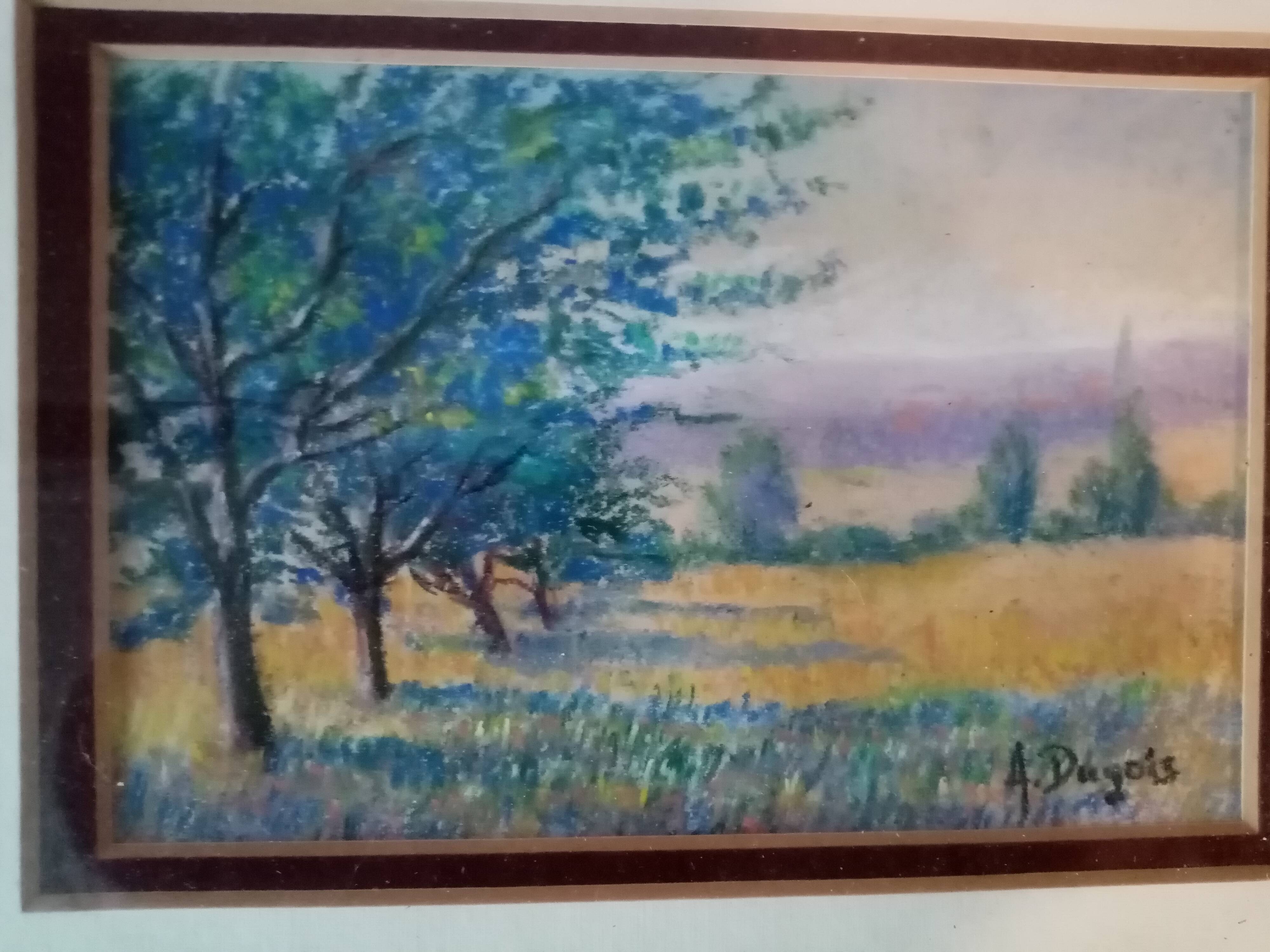 Old pastel painting of Vosges landscape in spring signed Antoine Dugois