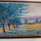 Old pastel painting of Vosges landscape in spring signed Antoine Dugois
