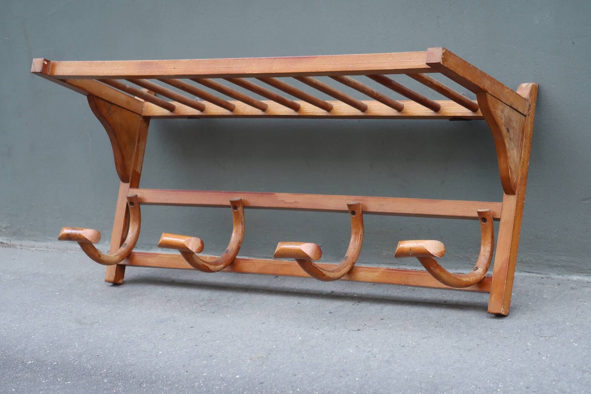 1950s wooden wall coat rack