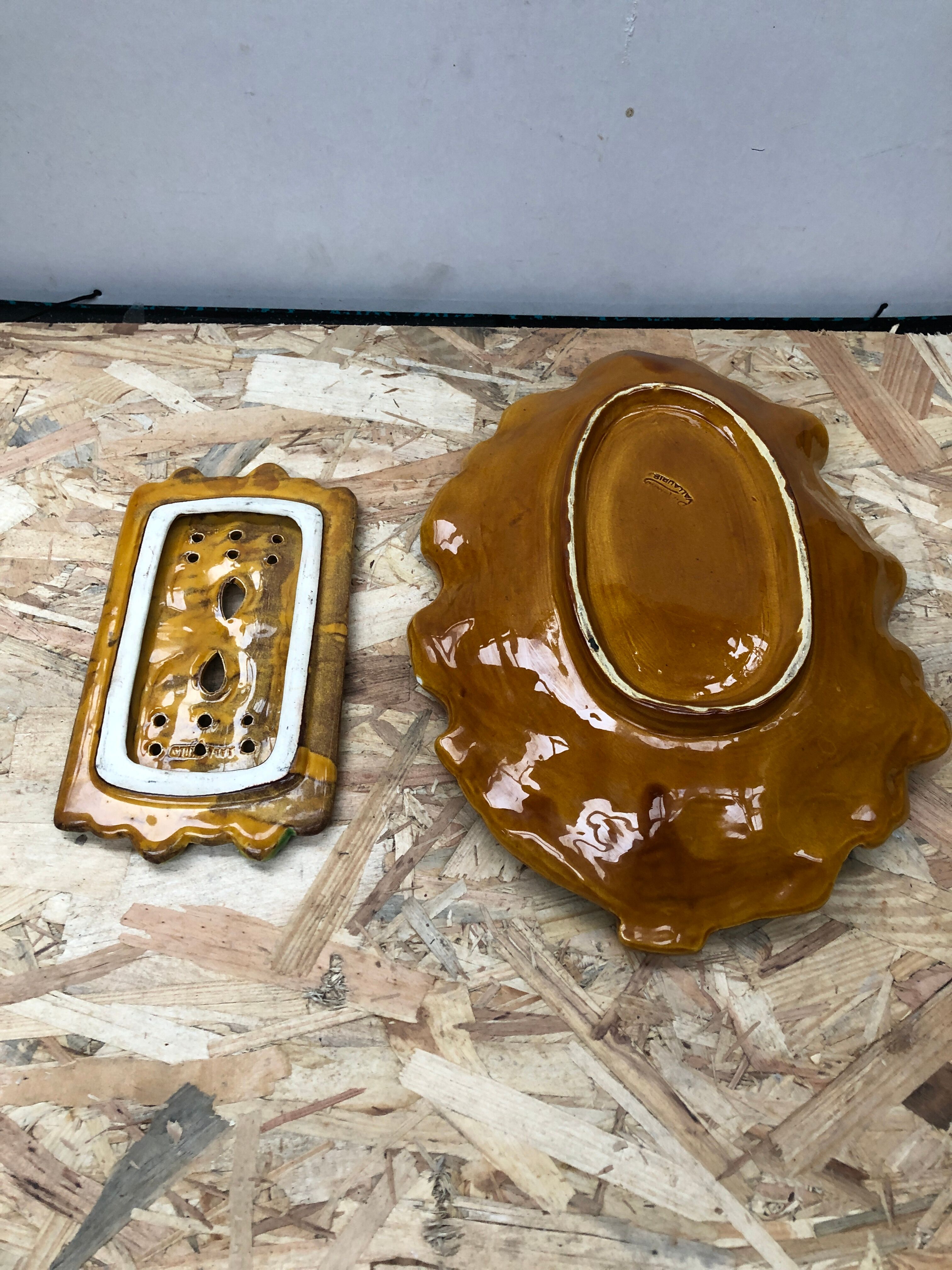 Old asparagus dish vallauris d.m. ceramic green & yellow vintage