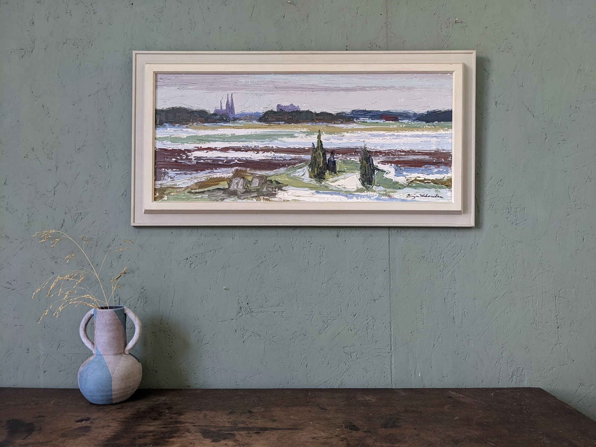 Mid-Century Modern Swedish "Planes" Vintage Expressive Landscape Oil Painting, Framed