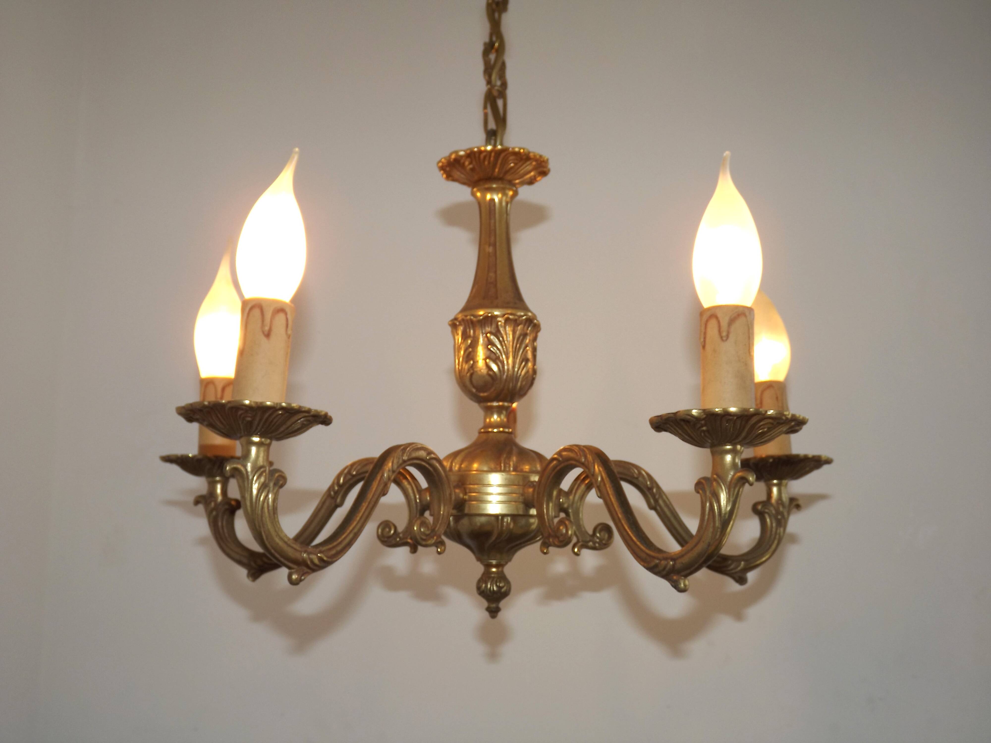 French Vintage Mid Century Bronze 5 Light Traditional Style Chandelier
