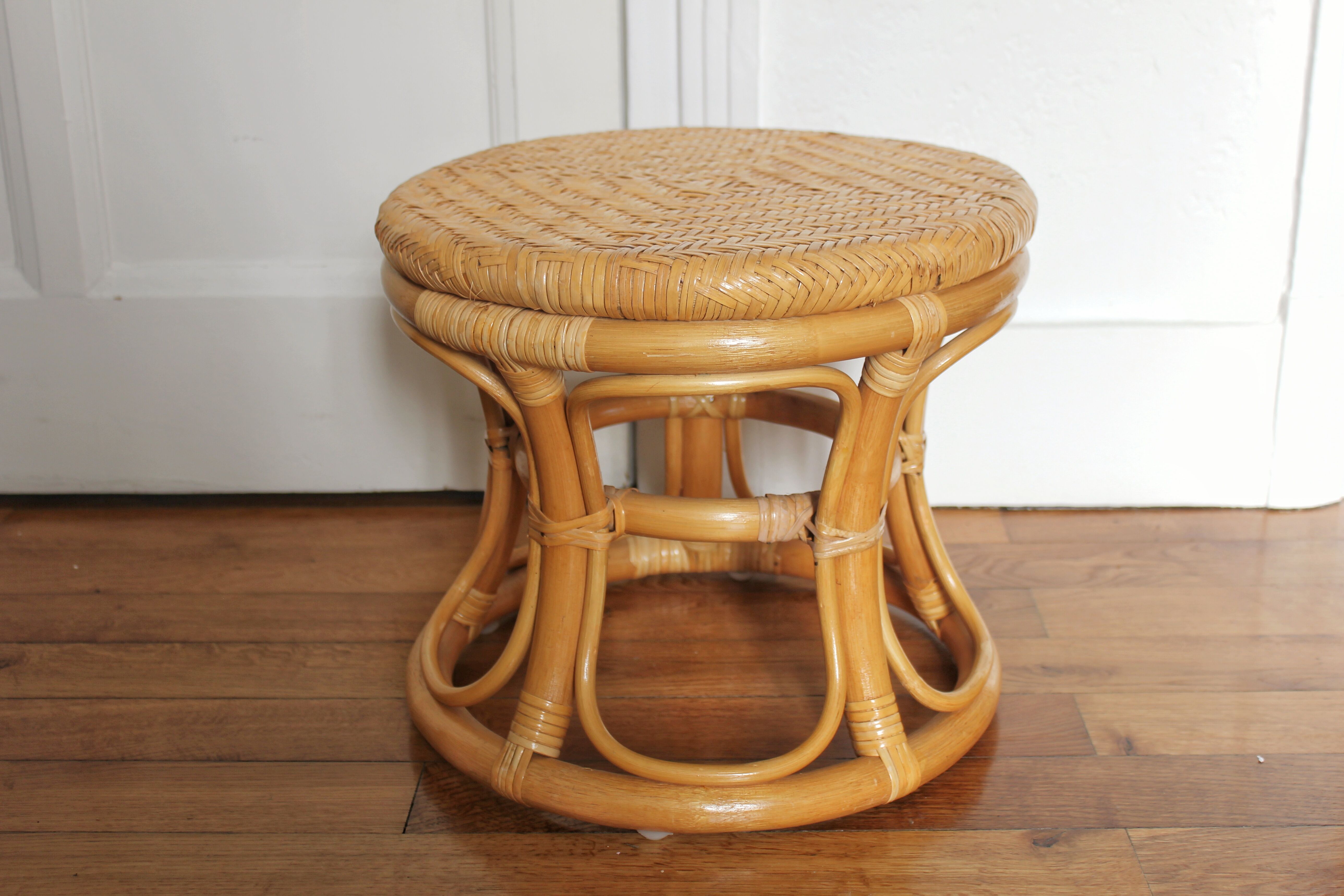 Low rattan stool and vintage canning
