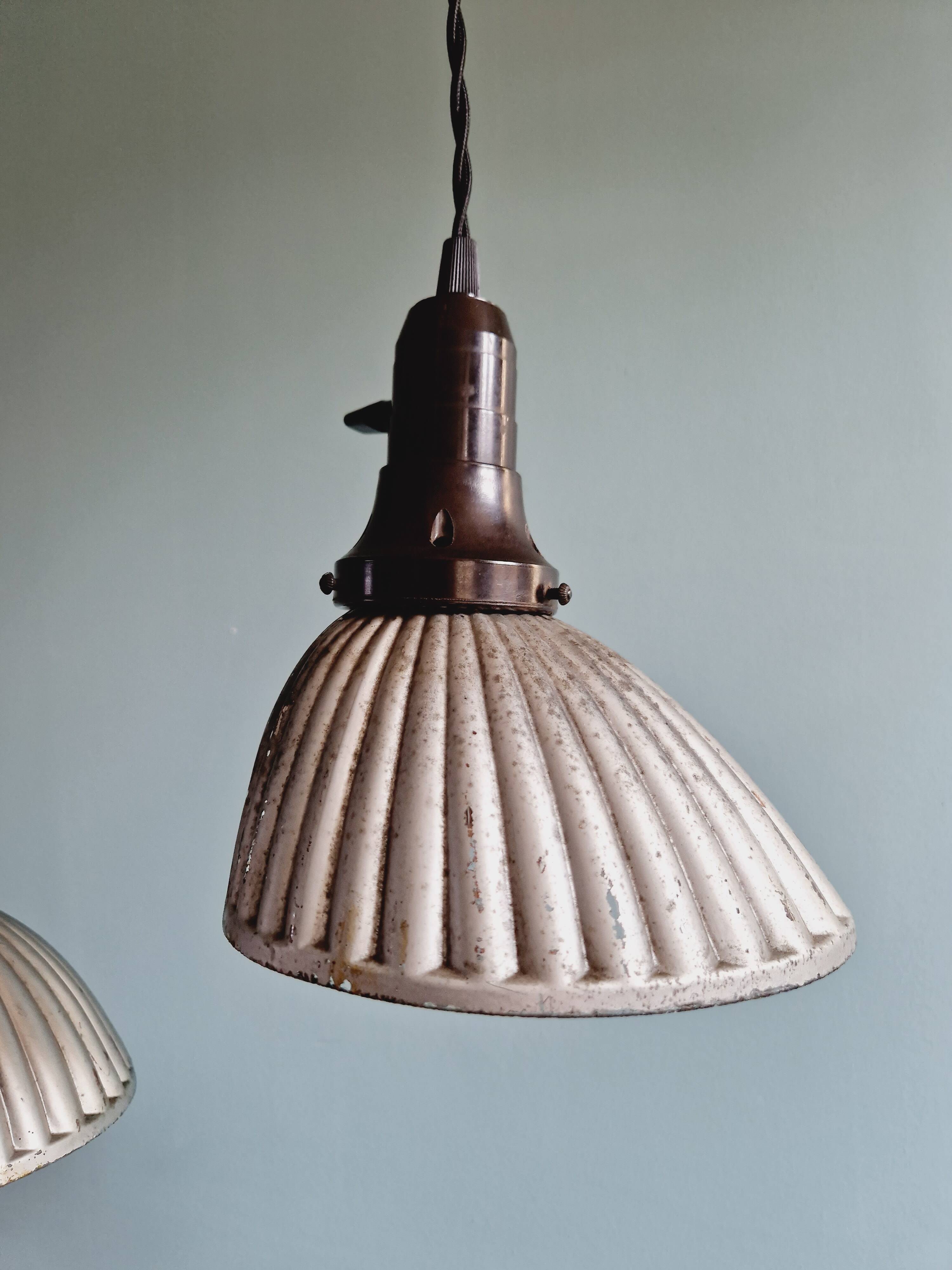 Set of 3 industrial mercury glass pendant lights, GAL (France), 1930s