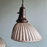 Set of 3 industrial mercury glass pendant lights, GAL (France), 1930s