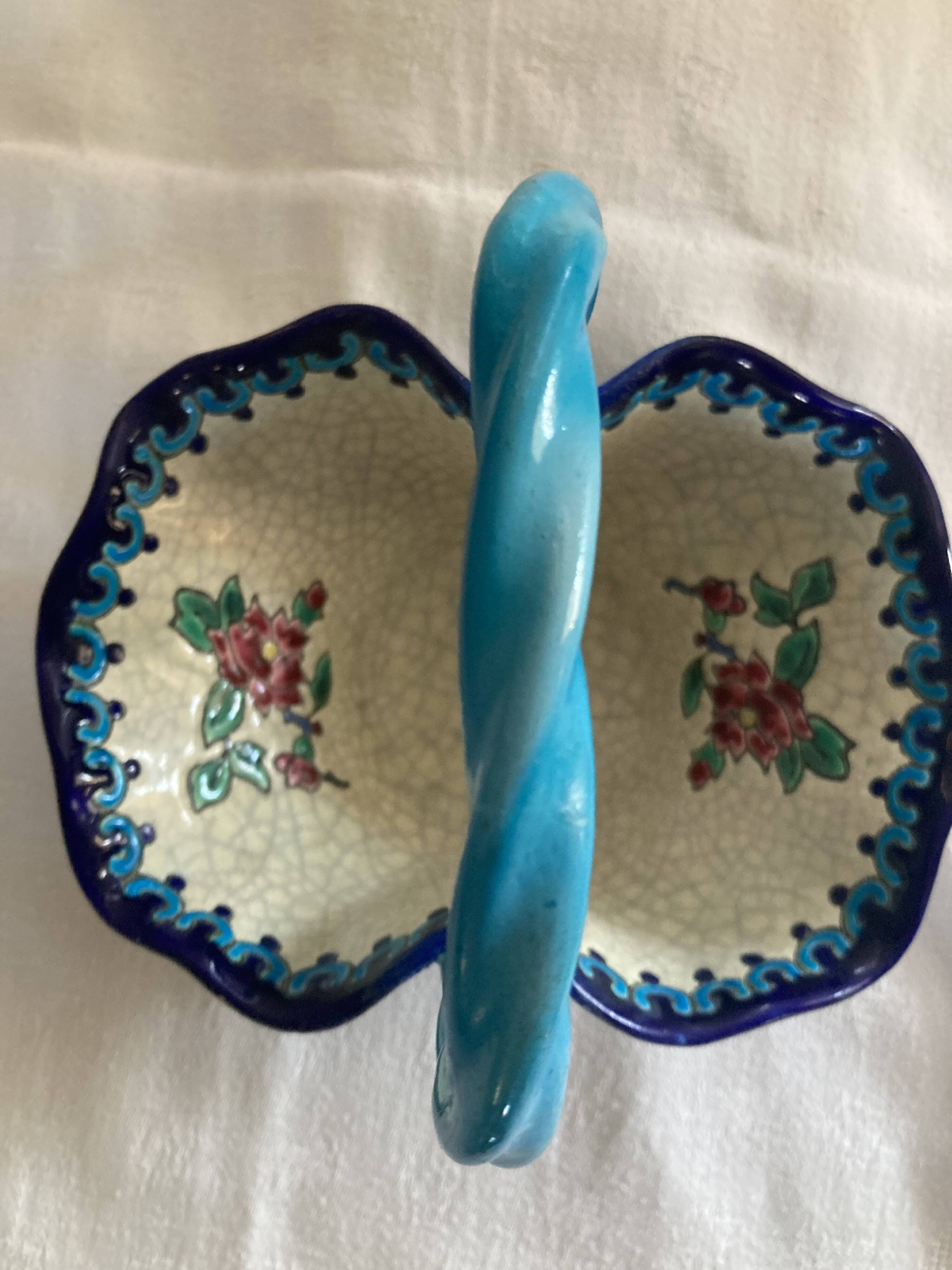 Large Basket Emaux de Longwy F3 B5000 - Twisted Turquoise Handle -