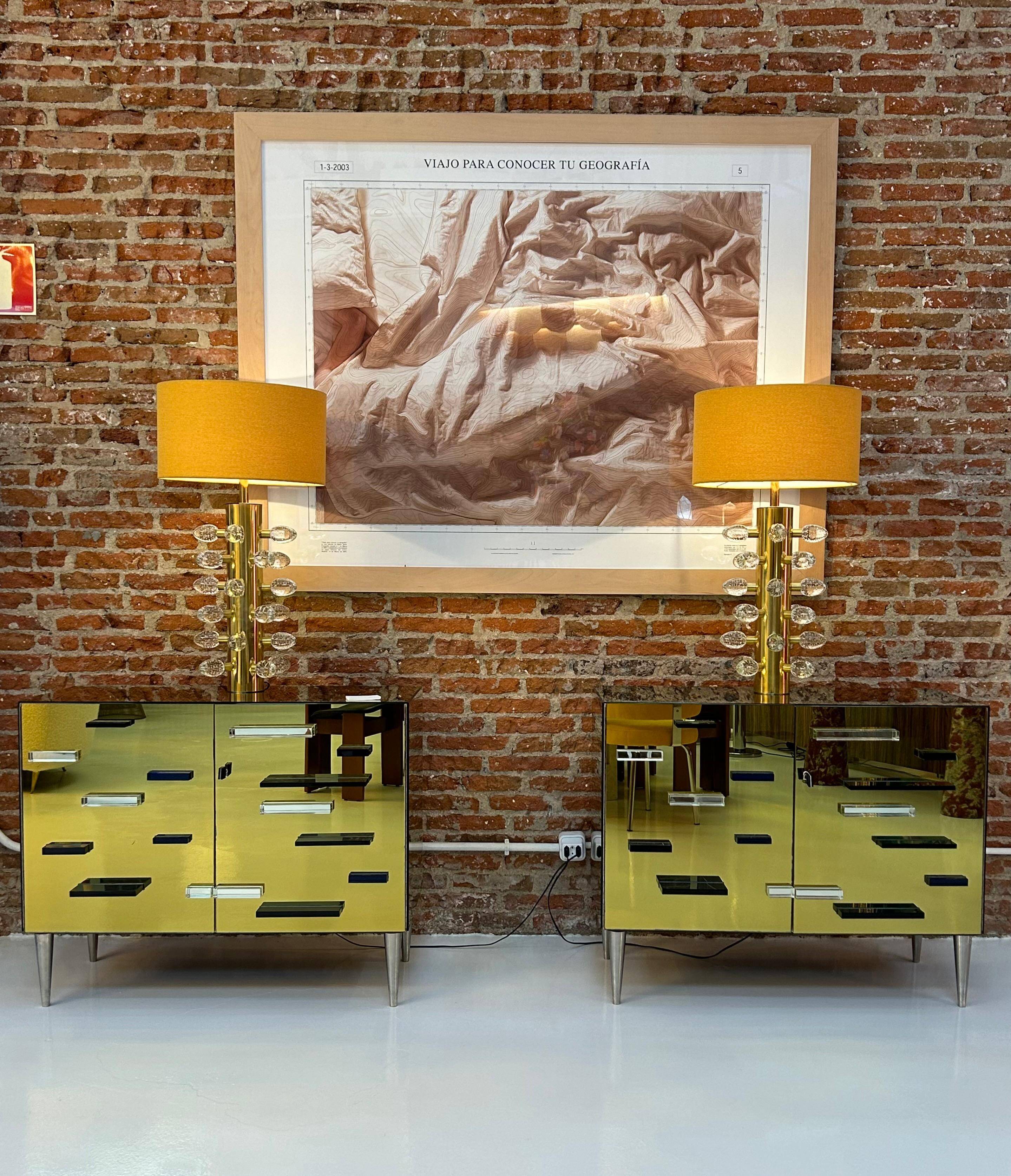 Italian Cabinets Made of Golden Murano Glass Mirror and Brass, Contemporary