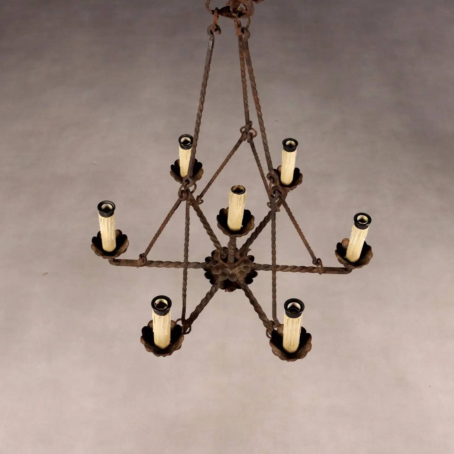 Antique wrought iron chandelier with 7 lights, Italy, 19th century.