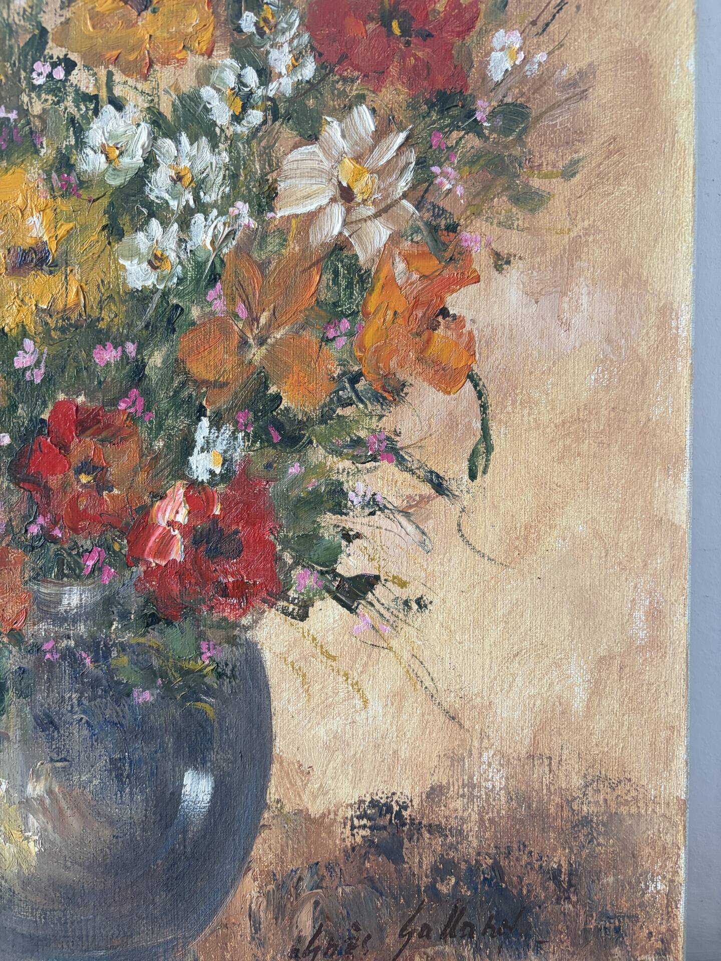 Vase de fleurs, huile sur toile signé Agnès Galland