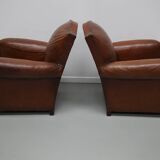Pair of French Cognac Moustache Back Leather Club Chairs, 1940s