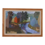 Original Swedish Oil on Panel – “House and Stream” by Pelle Nilsson, Dated