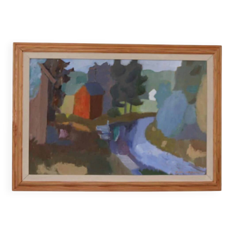 Original Swedish Oil on Panel – “House and Stream” by Pelle Nilsson, Dated