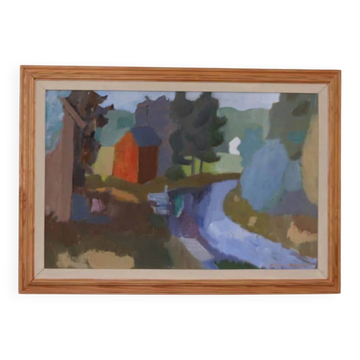 Original Swedish Oil on Panel – “House and Stream” by Pelle Nilsson, Dated
