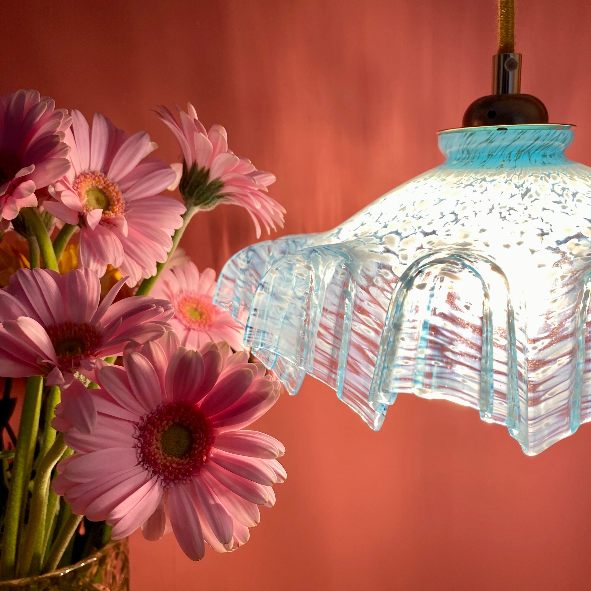 Vintage aabt-jour pendant lamp in blue Clichy glass
