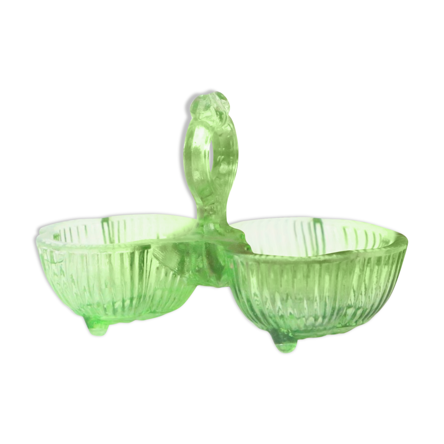 Salt and Pepper Servant in green glass, molded glass, vintage French, authentic