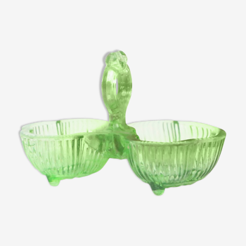 Serviteur Sel Poivre en verre vert, verre moulé, vintage français, authentique