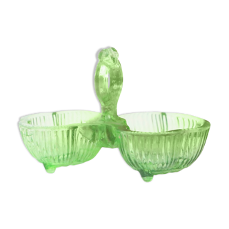 Serviteur Sel Poivre en verre vert, verre moulé, vintage français, authentique