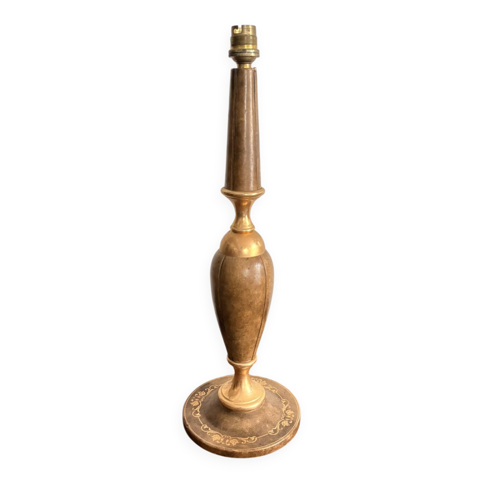 Ancien Pied Lampe Balustre Cuir Marron Gainé Dorure au Fer Année 50 70