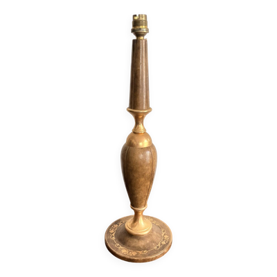 Ancien Pied Lampe Balustre Cuir Marron Gainé Dorure au Fer Année 50 70
