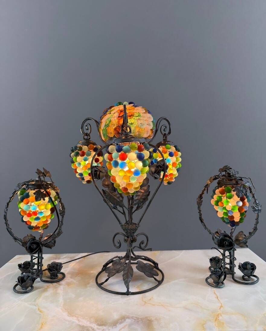 Set of three lamps in bronze and polychrome Murano glass, 20th century