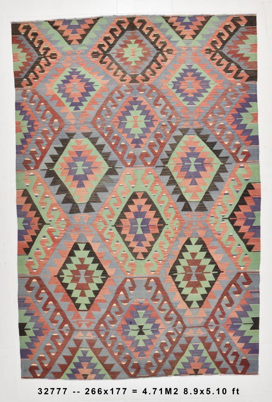 6x9 Green & Blue Tribal Pattern Vintage Kilim Rug, 177x266Cm