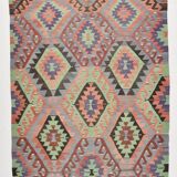 6x9 Green & Blue Tribal Pattern Vintage Kilim Rug, 177x266Cm