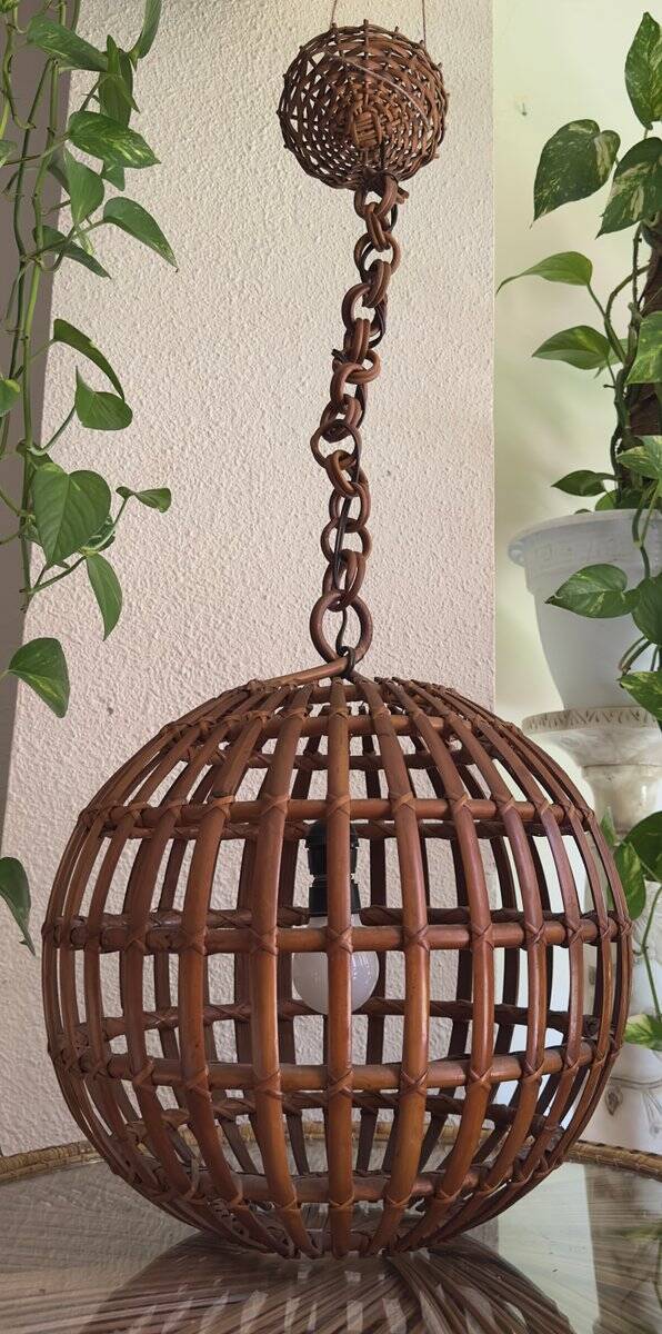 Large Italian spherical wicker pendant light, 1950s.