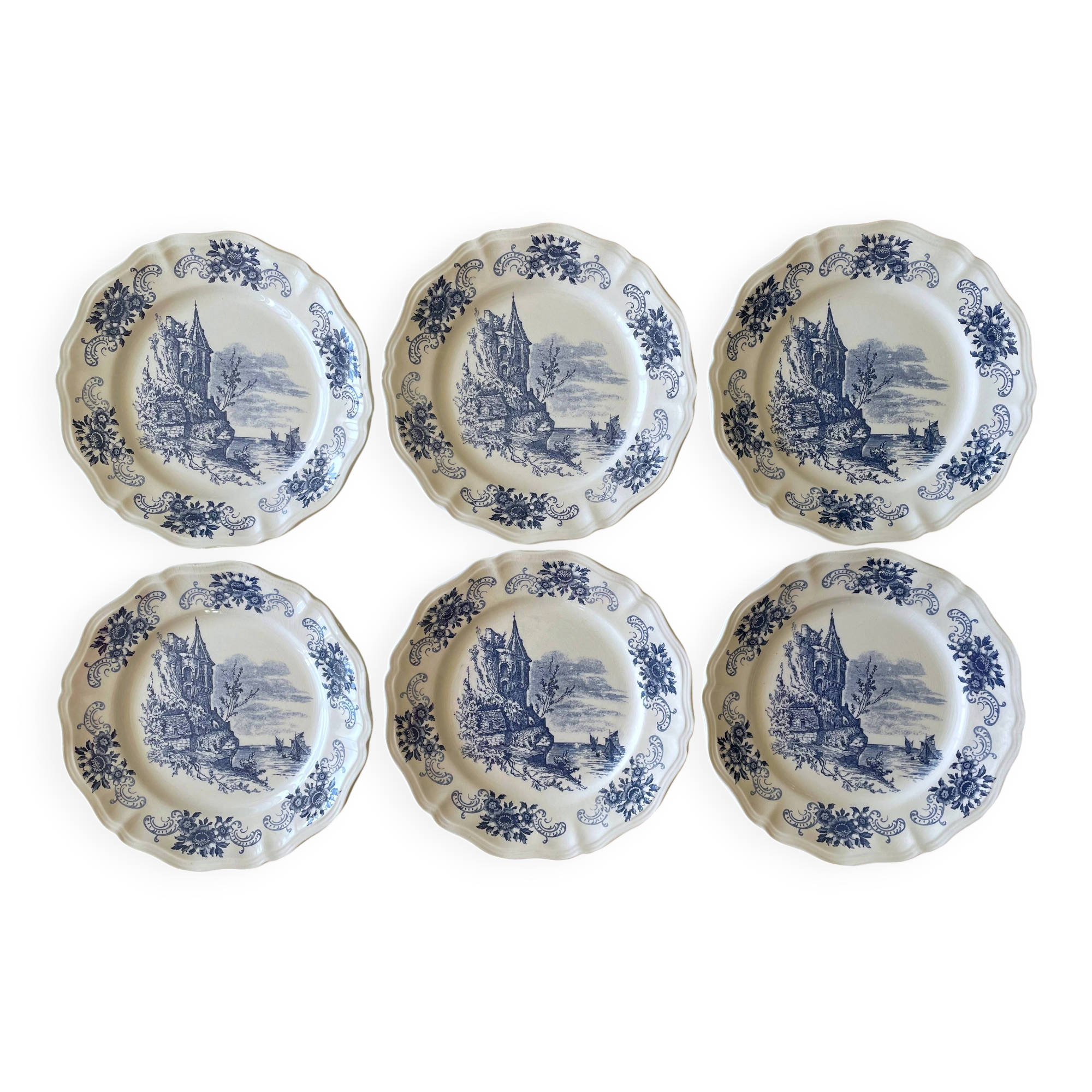 6 large flat antique plates in Sarreguemines earthenware