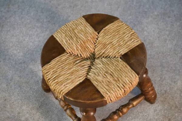 Brutalist stool in beech and rush 1960s