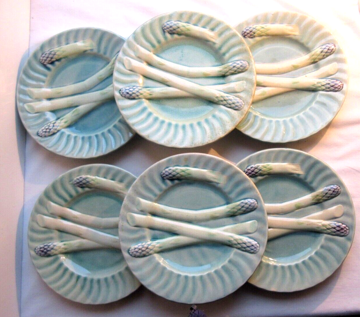 6 blue asparagus plates in slip from Lunéville KG Art Deco