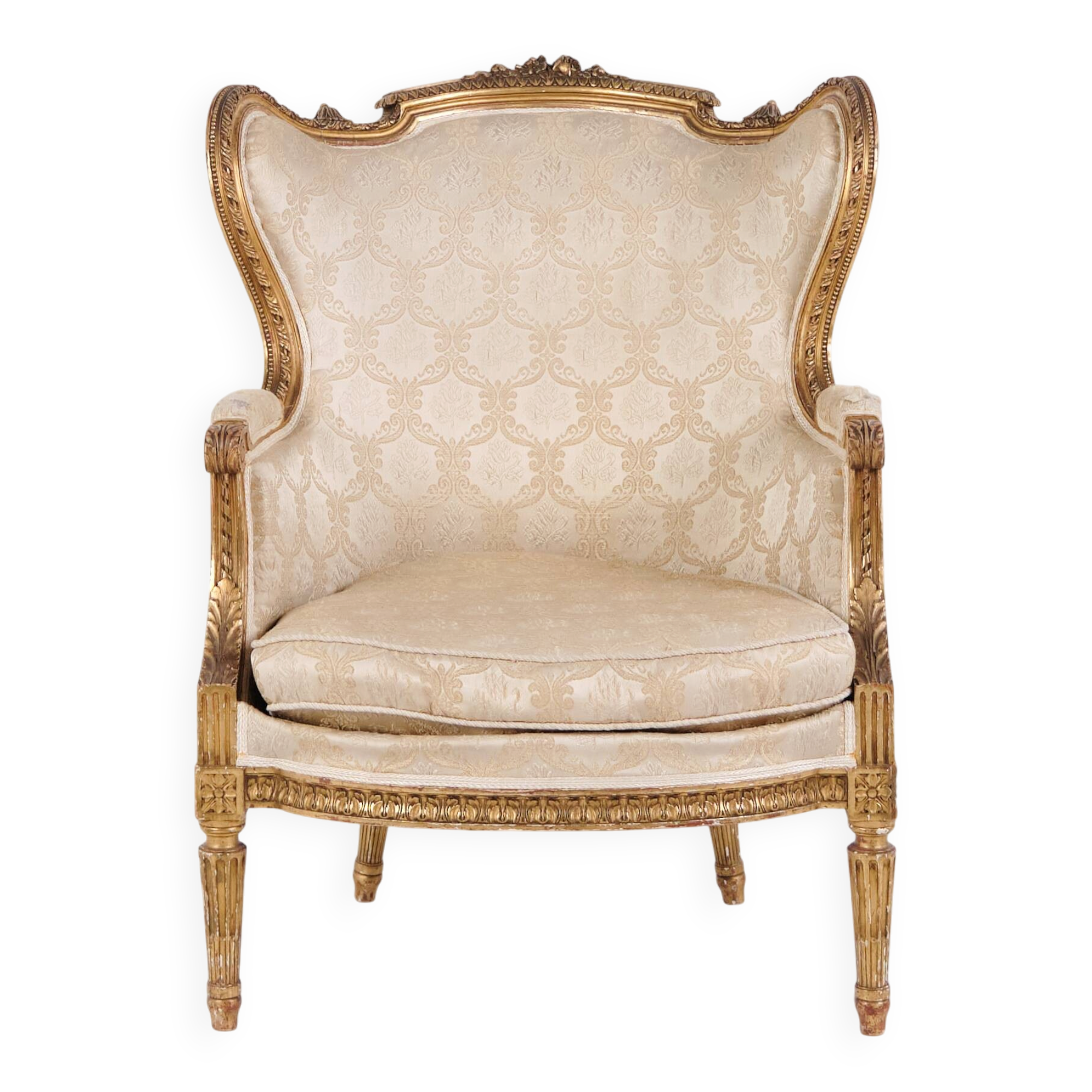 Bergère armchair - Louis XVI style - gilded wood & light fabric - 1860s
