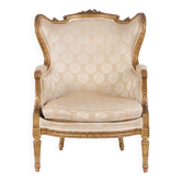 Bergère armchair - Louis XVI style - gilded wood & light fabric - 1860s