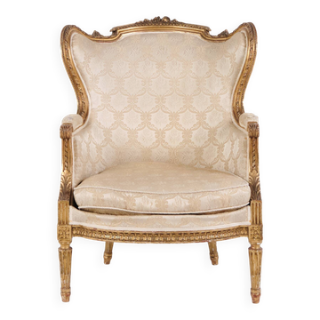 Bergère armchair - Louis XVI style - gilded wood & light fabric - 1860s