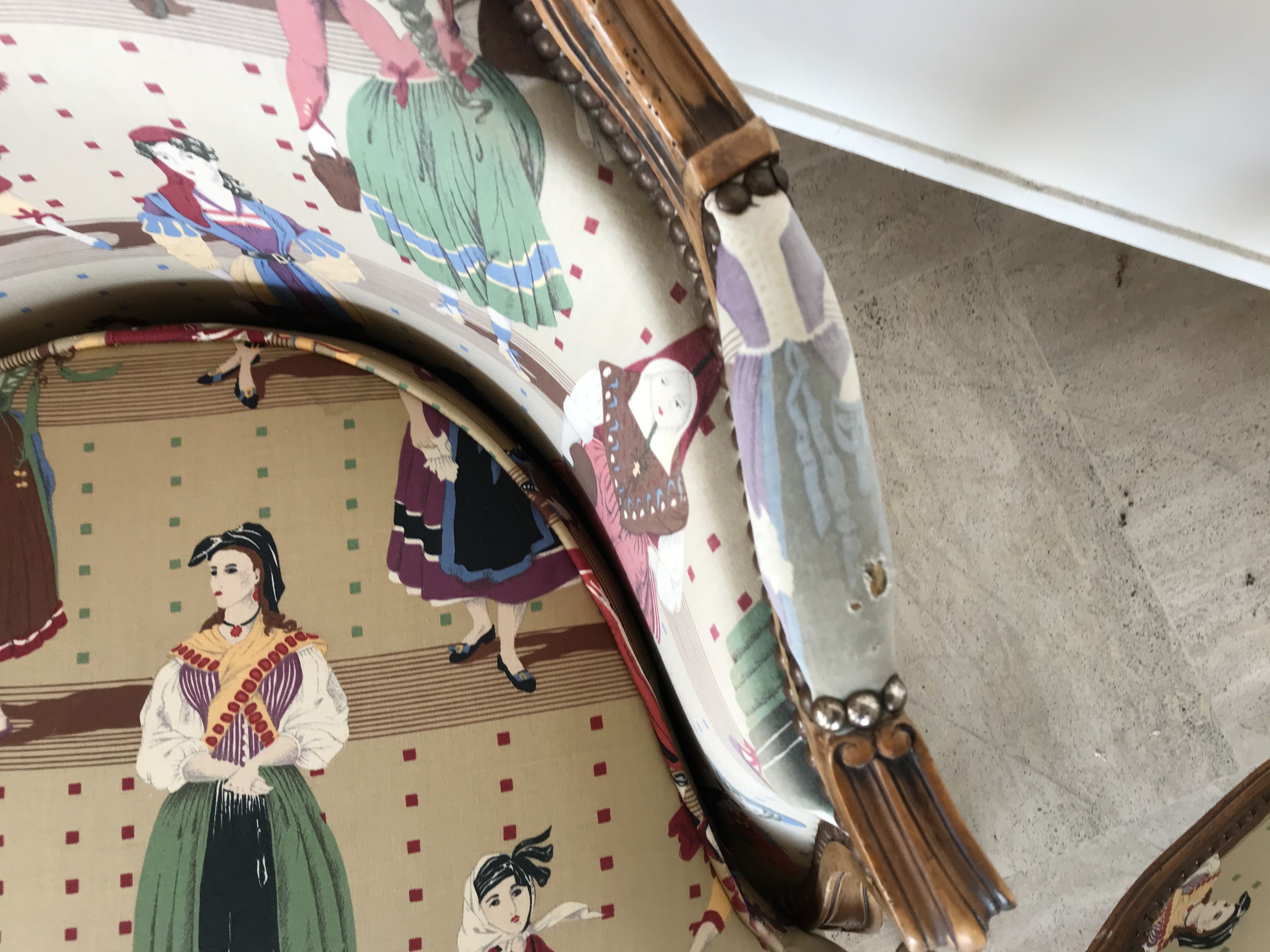 Pair of LOUIS XV-style moulded wooden shepherdesses and fabric