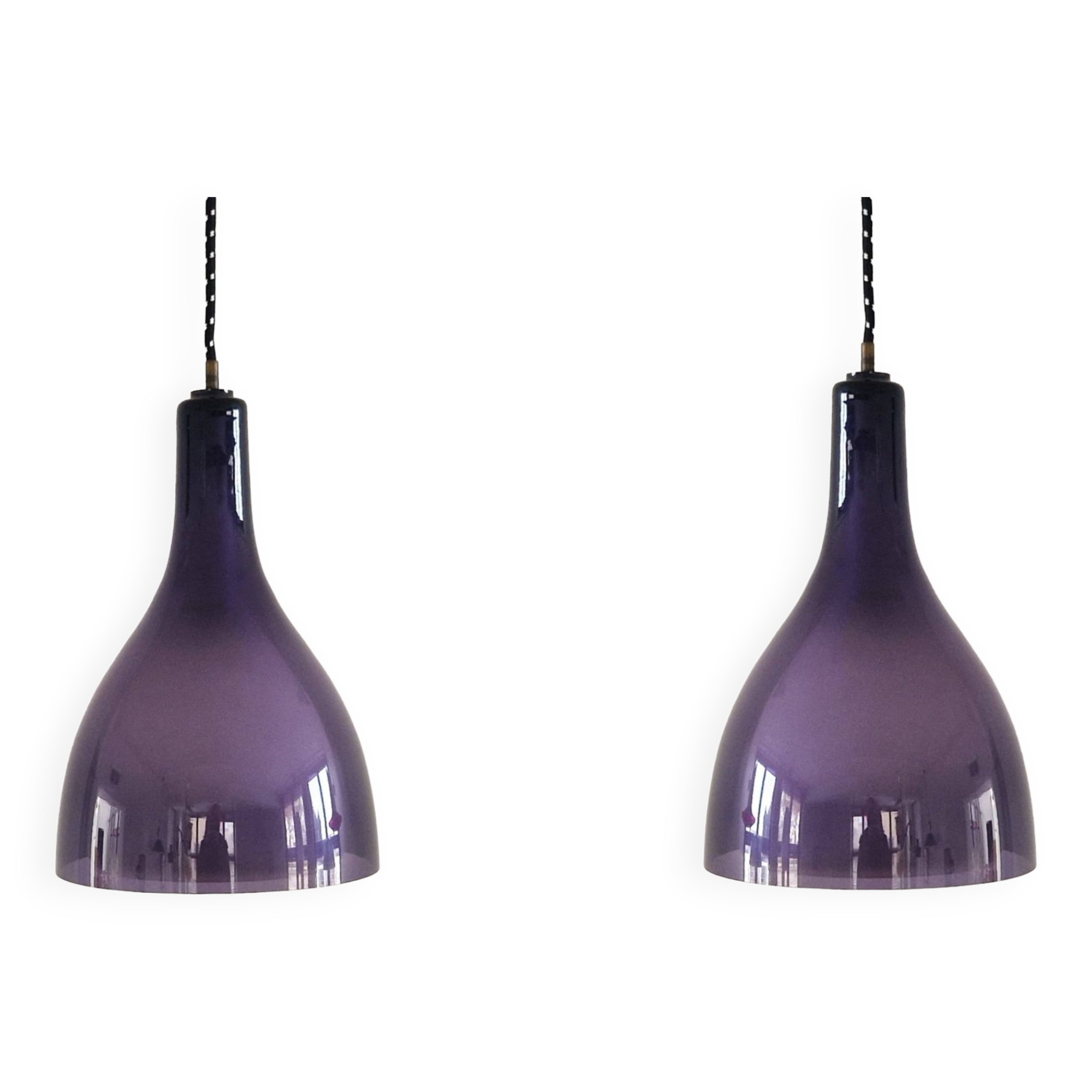 Set of 2 purple and white glass pendant lamps, 1960's / 1970's
