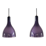 Set of 2 purple and white glass pendant lamps, 1960's / 1970's