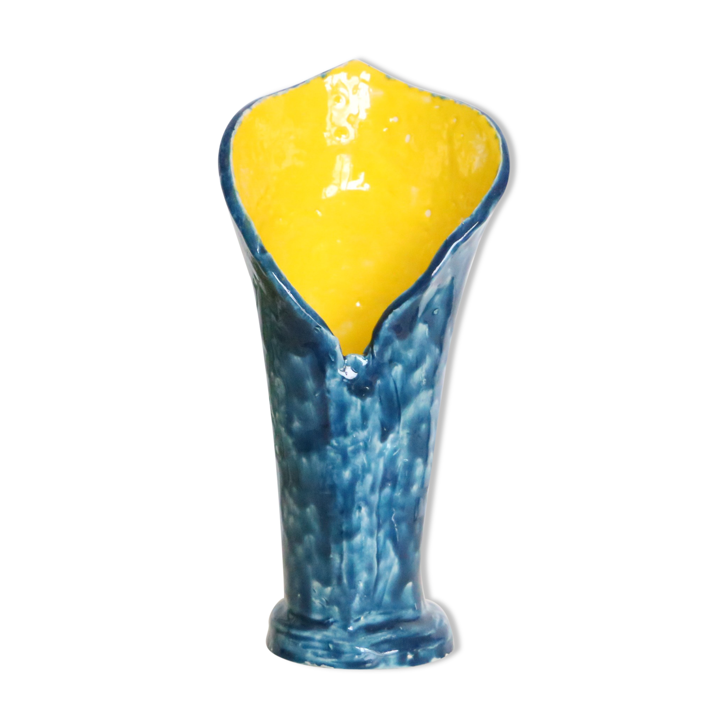 Handmade ceramic vase, glazed blue and yellow, vintage