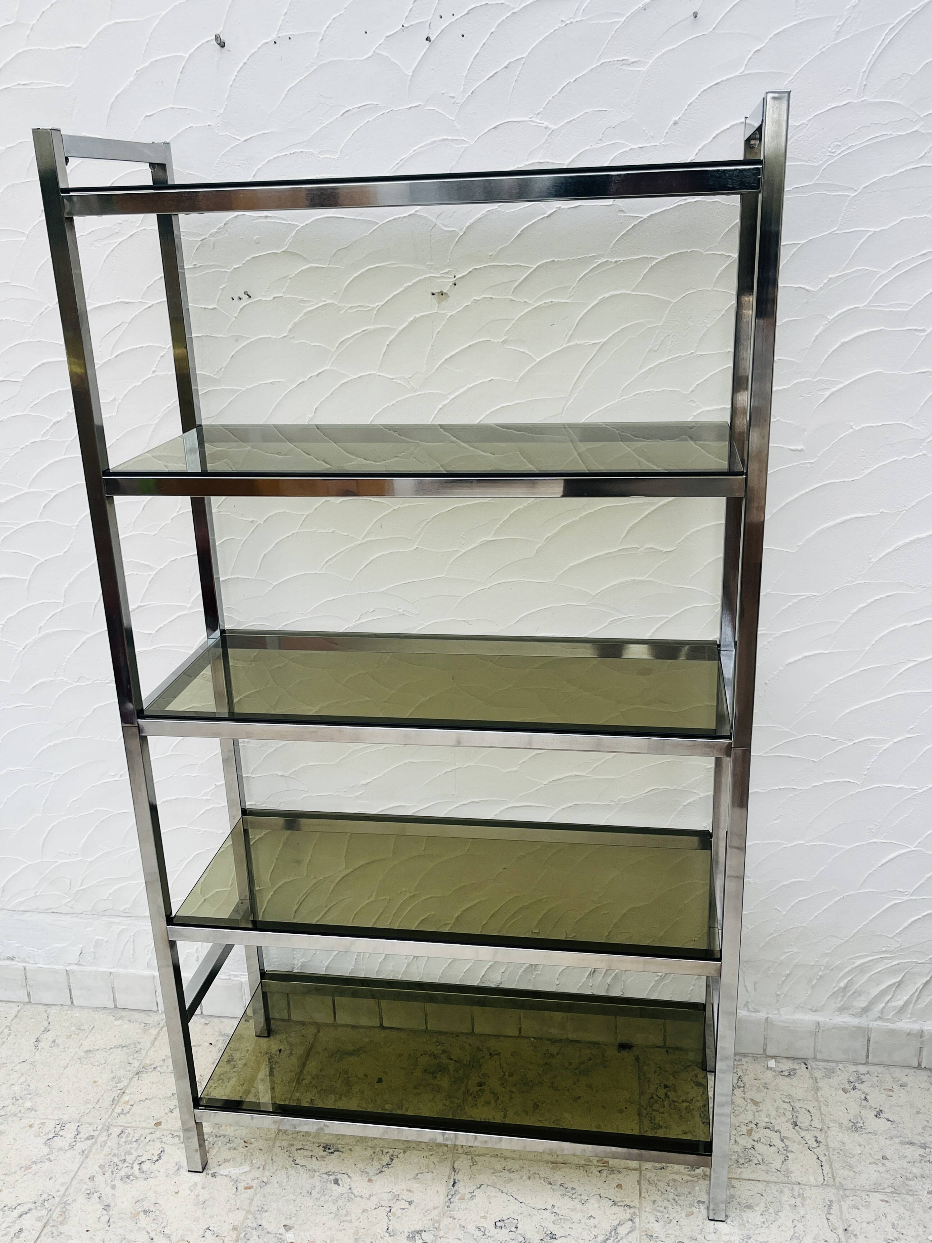 Vintage Italian design shelf in chrome and smoked glass from the 1970s.