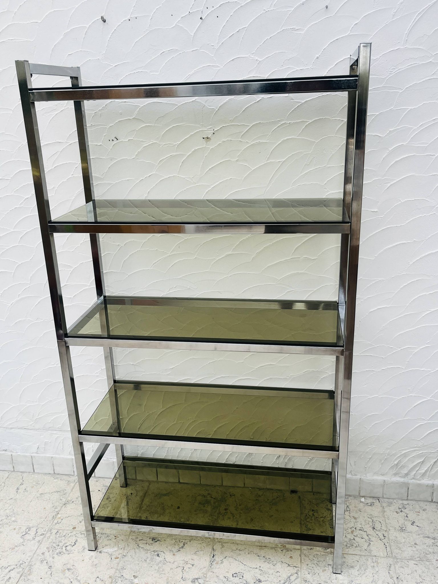 Vintage Italian design shelf in chrome and smoked glass from the 1970s.