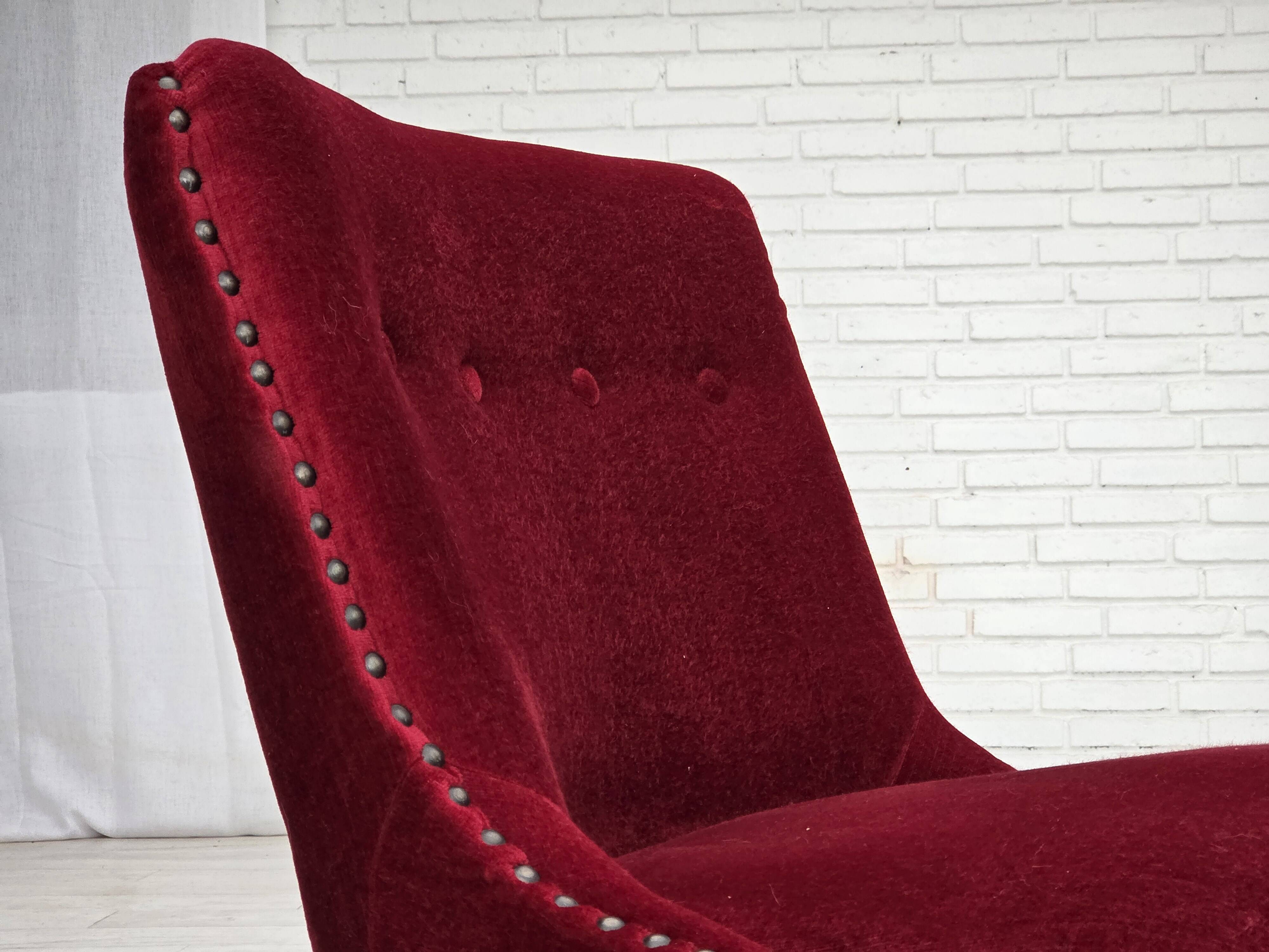 1960s, Danish armchair, original red furniture velour, beech wood legs.