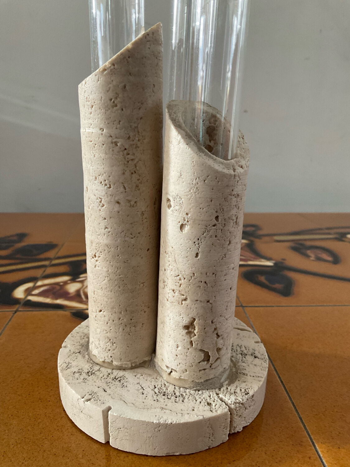 Vintage soliflore vase in travertine and glass