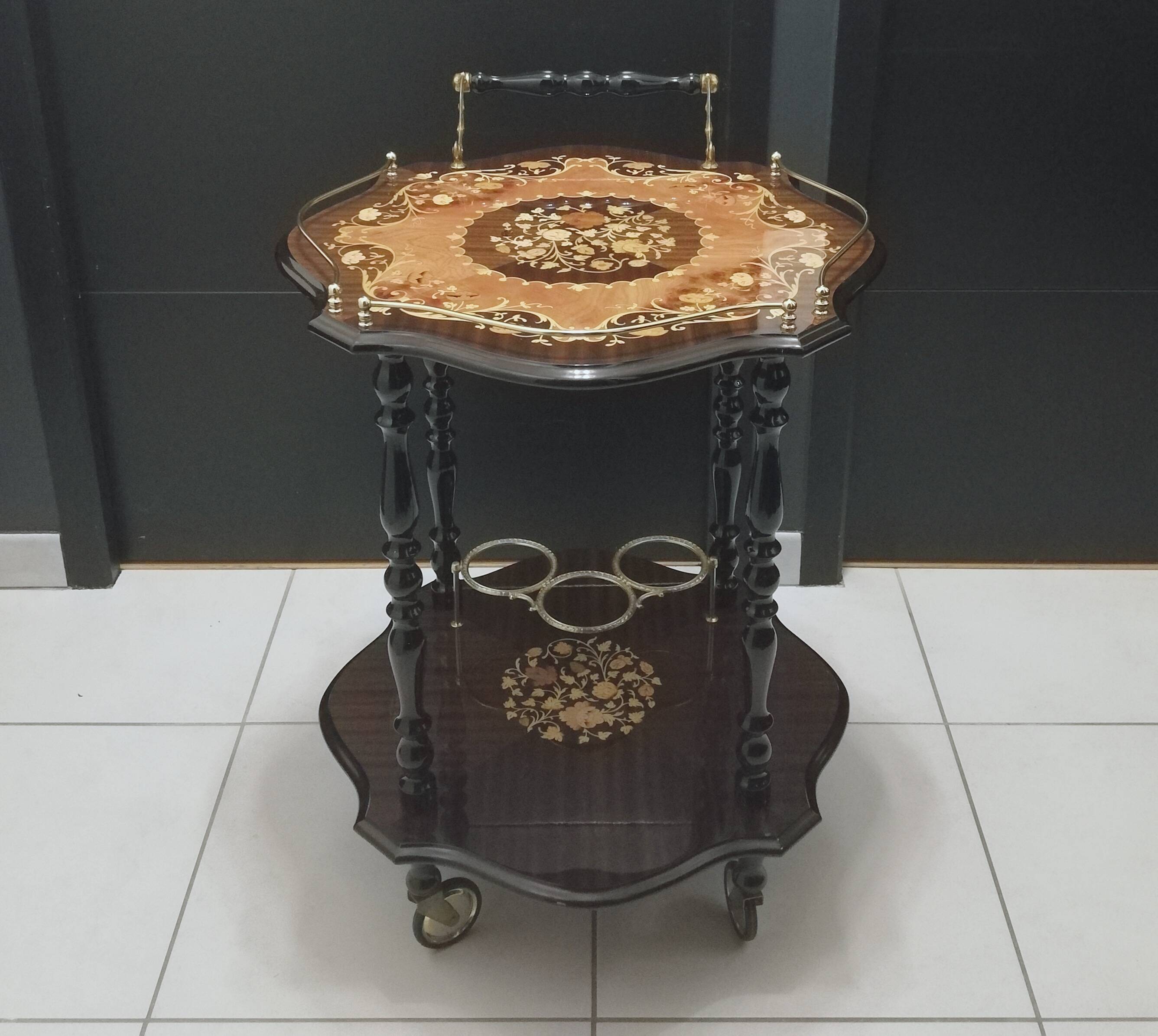 Marquetry trolley on wheels