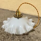 Vintage opaline glass pendant lamp pleated snowflake shape new golden threads and socket