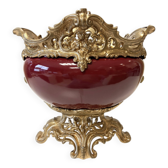 Antique Napoleon III Centrepiece Jardinière in Gilded Metal and Faience