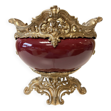 Jardinière Coupe Centre de Table Antique Napoléon III Faïence Métal Doré