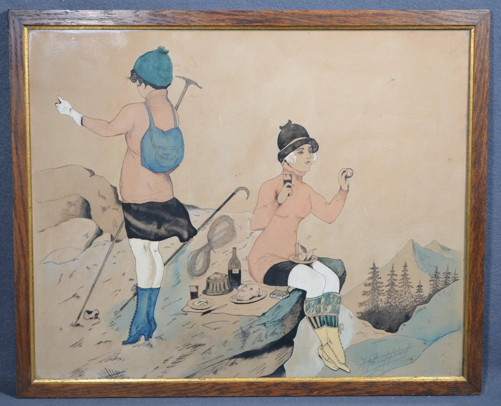 French School of the 20th Century "The Mountaineers' Picnic" Ink and watercolor drawing signed