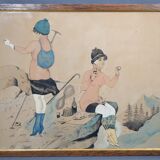 French School of the 20th Century "The Mountaineers' Picnic" Ink and watercolor drawing signed