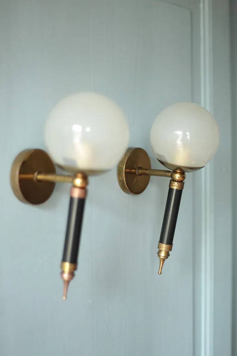 Pair of vintage wall sconces, brass sconce and opaque glass globe, vintage lamp, wall lamp, 50s.